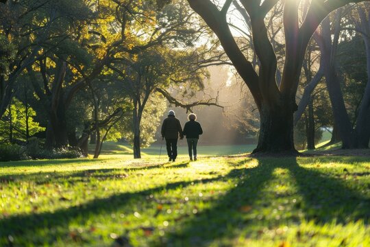 healthy aging - senior couple walking in the summer  serene park, their silhouettes framed by soft morning light, embodying the active and vibrant lifestyle of age gracefully
