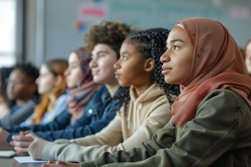 Fototapeta premium inclusivity of education of a diverse group of students engaged in a classroom discussion, their backgrounds enriching the learning environment, fostering mutual respect and understanding