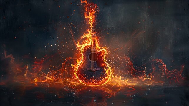 Rock guitar fire burning engulfed in flames, creating a dramatic and intense visual. Passion, destruction, and the raw power of rock music.