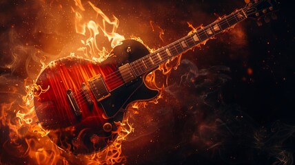 Rock guitar fire burning engulfed in flames, creating a dramatic and intense visual. Passion, destruction, and the raw power of rock music.