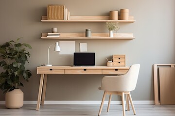 A cozy home office with a desk, chair, and shelves for a productive work environment.