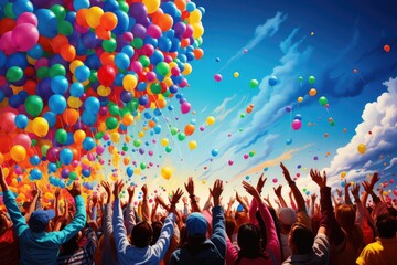 Fototapeta premium People holding colorful balloons in the air, creating a vibrant and joyful atmosphere.