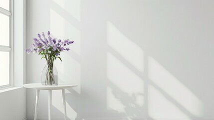 Clean, white studio with a single vase of lavender and white freesia on a small table