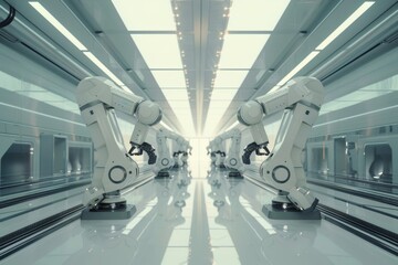 Obraz premium minimalist robotic arms working in clean modern industrial setting at factory, precision and productivity of automated processes, efficiency of automation 