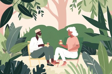 senior couple enjoying a leisurely afternoon picnic, surrounded by lush greenery, symbolizing the freedom and contentment found in retirement lifestyle flat illustration