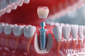 Close-up of an artificial dental implant situated within a human mouth, highlighting advancements in dental health and cosmetic procedures.