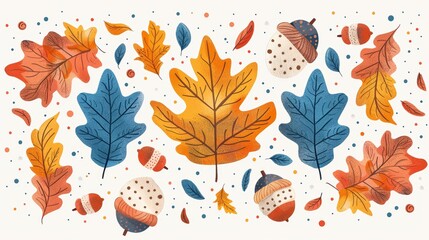 Playful autumn leaves and acorns, flat illustration, bright colors, whimsical design perfect for children's book covers, focus cover all object, deep dept of field