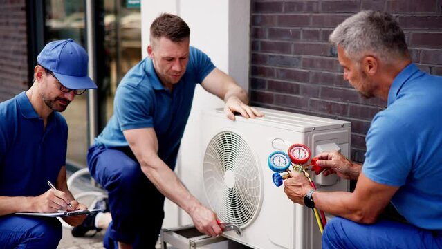 Professional HVAC technician inspecting commercial building