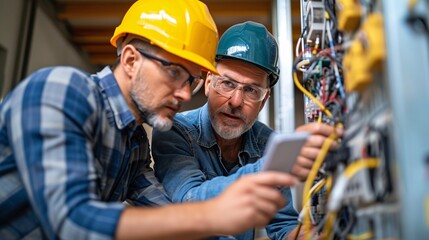Experienced electrician instructing a young apprentice on safety measures in a workshop, showcasing a common practice in the skilled trades.