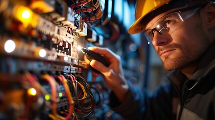 Focused electrician troubleshooting intricate wiring in a modern workshop, showcasing technical skills and expertise in electrical engineering.
