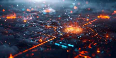 Digital battlefield for strategic cyber operations in the night with glowing effects. Concept Cyber Operations, Digital Battlefield, Nighttime, Glowing Effects, Strategic Warfare