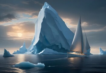 A large ship navigating through a stormy, icy sea with towering, jagged icebergs in the background under a dark, cloudy sky