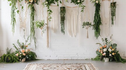 Minimalist white brick wall backdrop adorned with hanging macrame planters