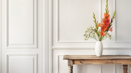 Simple white entryway with a single vase of colorful gladiolus on a console table