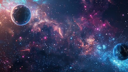Space-themed backdrop featuring stars, planets, and a glowing galaxy