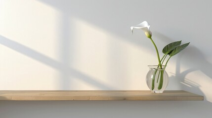 Sparse living room with a single white calla lily in a transparent vase on a wooden shelf