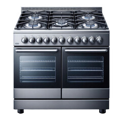 A silver stove with a black door and a blue knob. The stove has a total of nine burners and two ovens