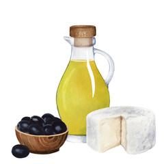 Composition of glass jug with olive oil, wooden bowl with black olives and cheese. Watercolor illustration on white background. For cards, posters