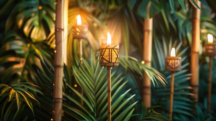 Tropical paradise backdrop with palm leaves, bamboo elements, and tiki torches