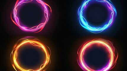 Glowing neon circles with wavy lines on a black background, creating a dynamic visual effect.

