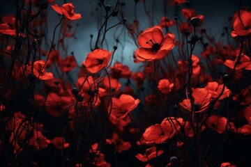 Moody low-key lighting enhances the mystery of a field of red poppies against a dark sky