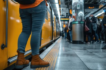 Obraz premium Close-up photo of people walking to catch the train at a station. Travel and transport rush-hour concept.