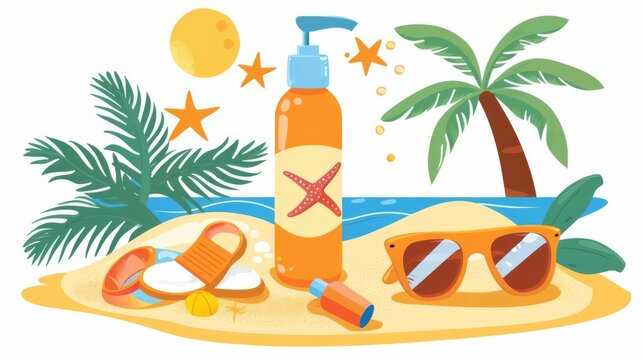 beach scene with sunscreen, sunglasses, palm tree clip art preview