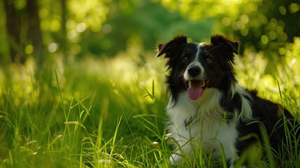 Fototapeta premium A_border_collie_dog_playing_fetch_in_a_lush_green_field_looking_at_camera