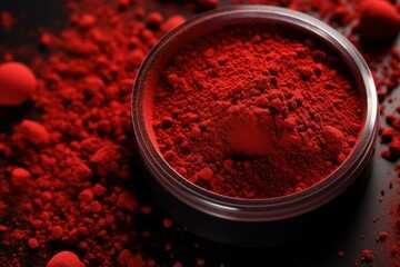 Close-up of a vibrant red powder in a small dish on a dark background, suggesting cosmetics or pigments