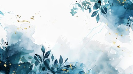 Elegant Blue and Gold Watercolor Floral Background with Leaves and Abstract Patterns