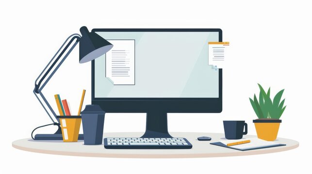 a computer clipart, work from home setup, cozy style, neutral tones, isolated on white background