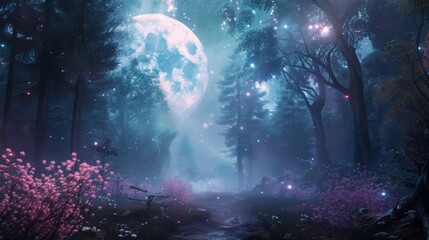 Fototapeta premium Mystical Fantasy Forest Night With Full Moon and Glowing Sparkles