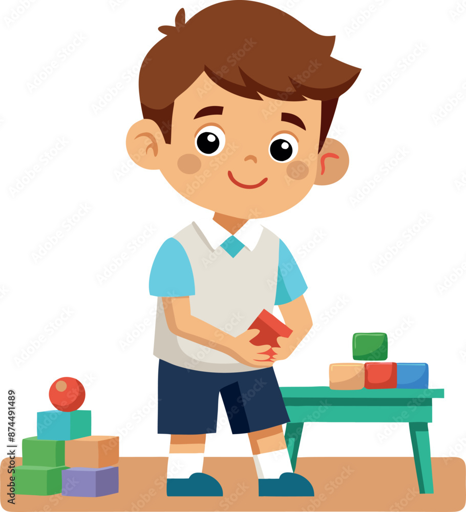Poster smiling boy playing with building blocks at home