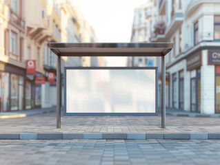 Empty bus stop advertising billboard on city street