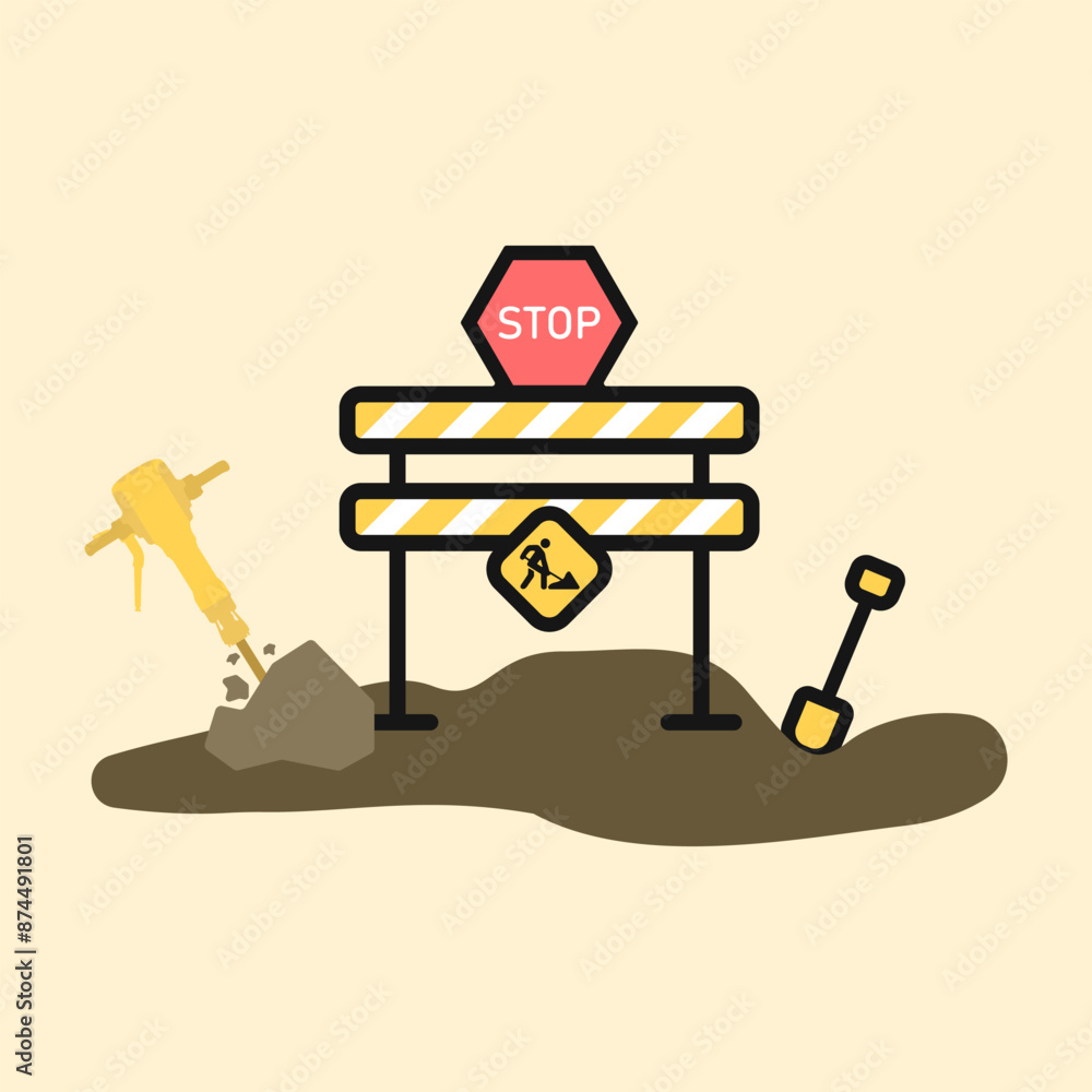 Poster construction works icon. road warning sign vector. icon for error on a website page. set of construc