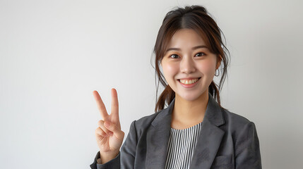 Japanese woman casual business attire smiling making peace sign her right hand against white background She wearing gray blazer over striped shirt professional photography style left side of screen