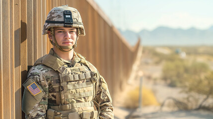 Fototapeta premium Confident Young American Soldier Standing Guard at Border Fence