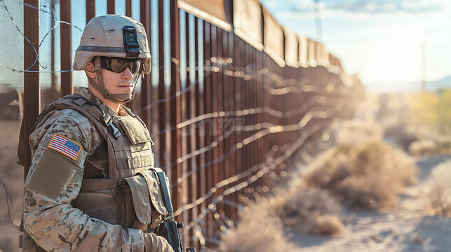 American Soldier in Uniform Patrolling Border Fence at Sunset