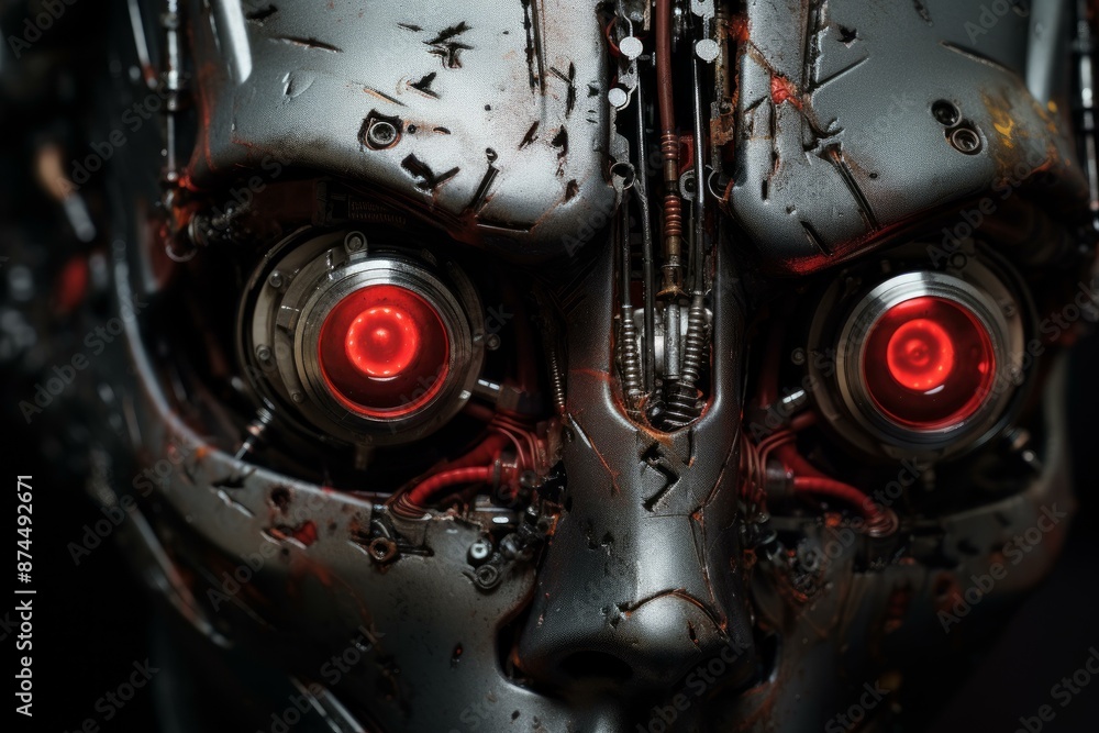 Poster intimidating robot face. science ai model. generate ai