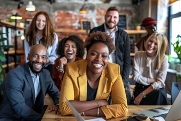 Group of happy multiethnic business people having fun and chatting at workplace office, Generative AI
