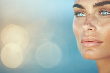 Fototapeta premium Radiant Woman with Blue Eyes and Freckles on a Soft Blue Background