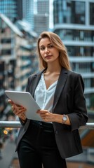 Portrait of successful woman using digital tablet in urban background. Business people concept, Generative AI