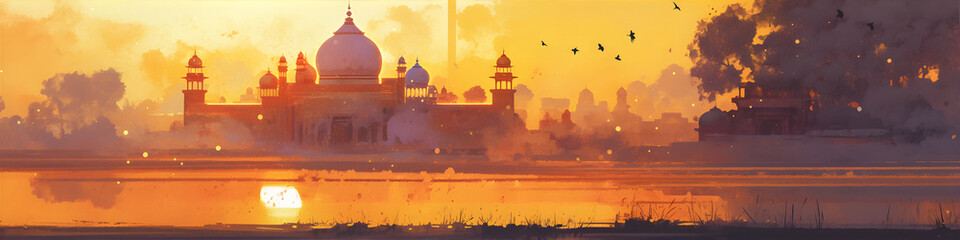 Indian temple postcard watercolor style illustration. Indian Independence Day concept. Indian landscape with city view.