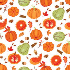 Pumpkin spice seamless pattern on white background.Fruits of various shapes, whole and cut, with seeds, cinnamon, nutmeg, cloves and anise.Autumn print with pie and fall leaves.Vector illustration. 