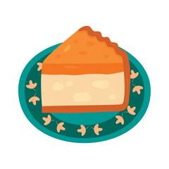 Pumpkin pie on a plate isolated on white background.Appetizing baked dessert with filling on festive dishes with ornament.Vector design for use in banner,poster,postcard.Autumn  food illustration.