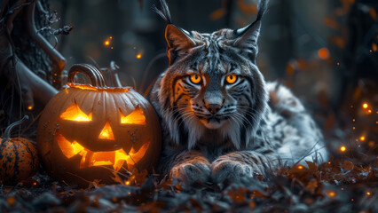 A wildcat sitting beside a glowing Jack-o'-lantern in a dark, rainy forest setting, creating a spooky Halloween atmosphere
