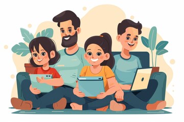Device technology family online education concept. Happy family with digital devices at home, Generative AI