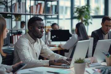 Obraz premium Group of multiethnic business people working at busy modern office, Generative AI