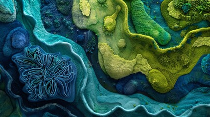 Colorful Abstract Fabric Art Embodying Oceanic and Terrestrial Layers in Vivid Detail