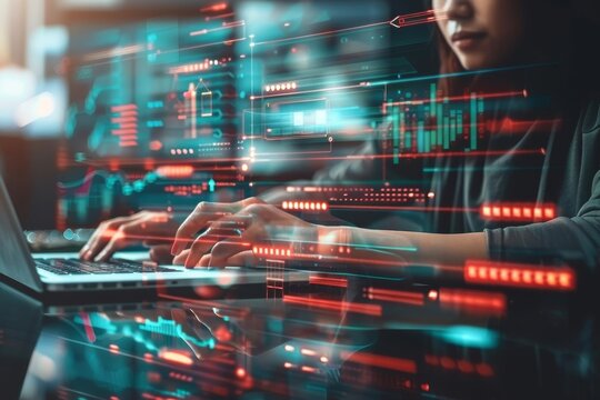 Concept of digital diagram,,programmer, software.Young finance analist working at modern office, Generative AI